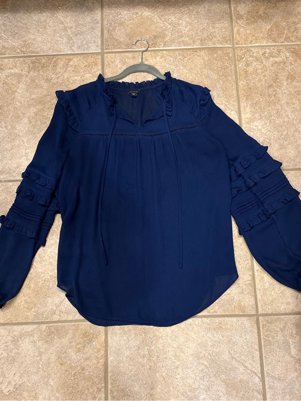 Ann Taylor Navy Blue Ruffle-Sleeve Tie-Neck Blouse